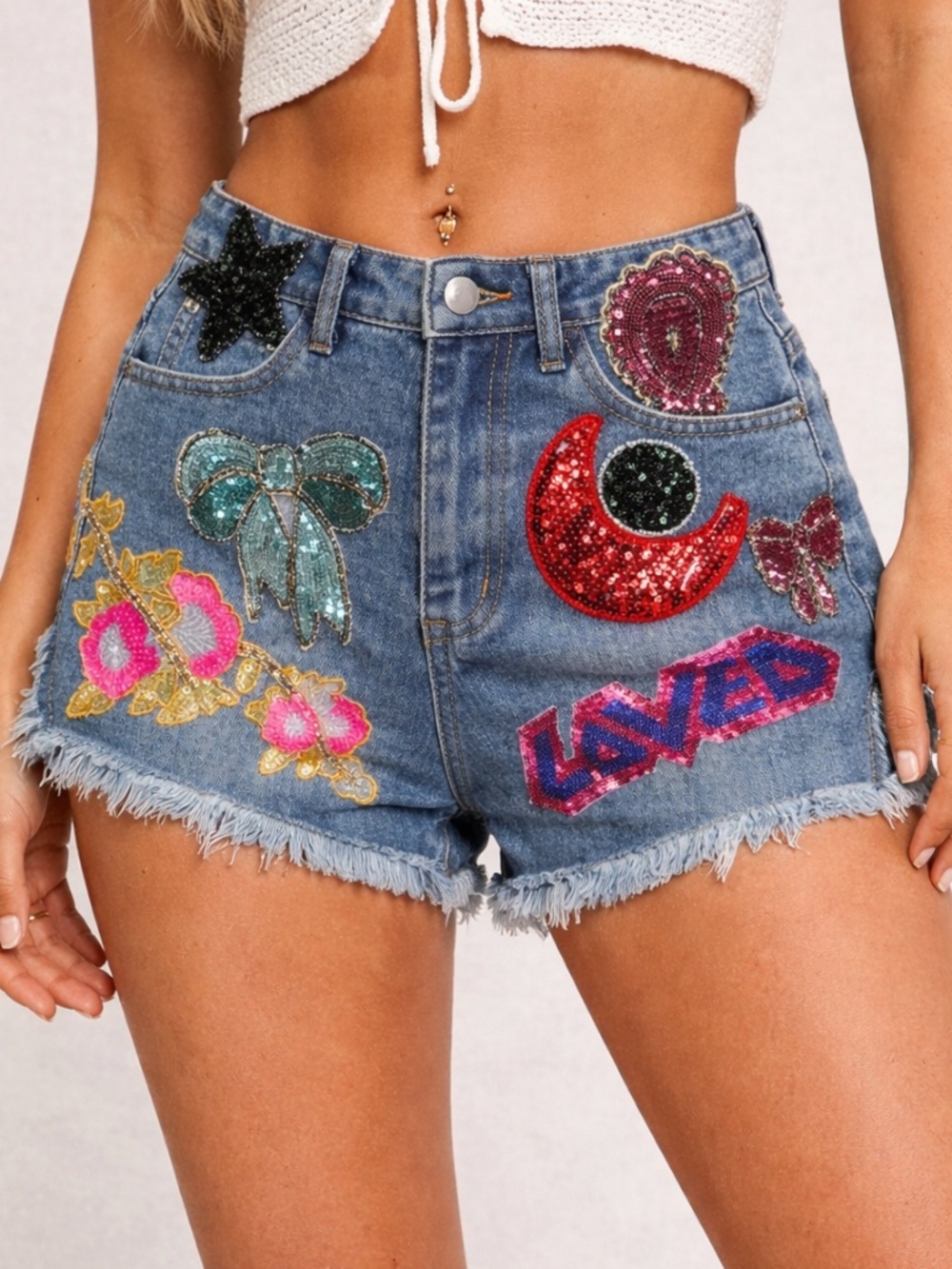 Festival Sequin Patch Denim Shorts - Y2K Boho High Rise Embellished Cutoffs S